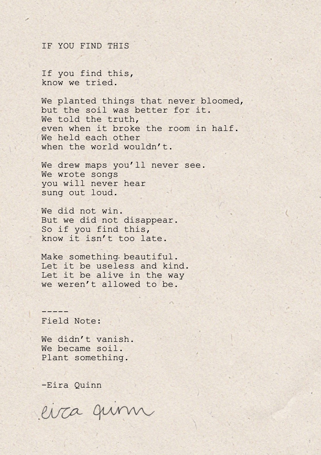 Mockup of "If You Find This" hand-typed on A5 handmade paper